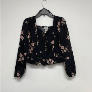 Sweet Rain Black and Pink 3/4 Sleeve Tie Front Crop Blouse